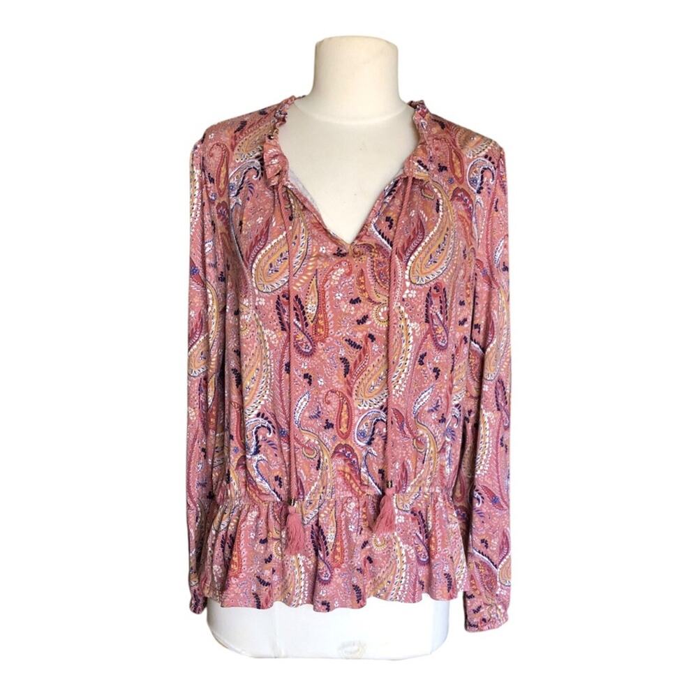 Les Serein NWT Locarno Peplum Mauve Paisley Tassel String Boho Blouse Size Large